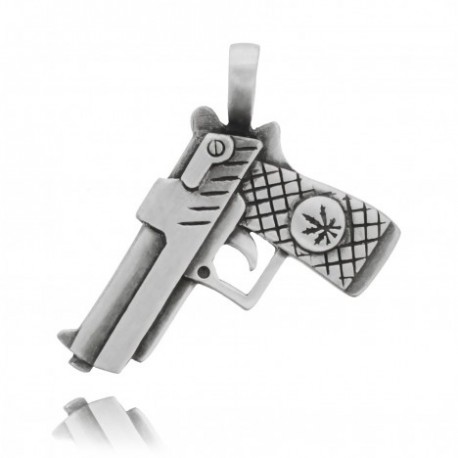 pendente in pewter pistola con foglia di marijana