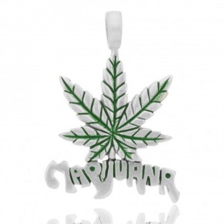 pendente in pewter grande cannabis con scritta marijana